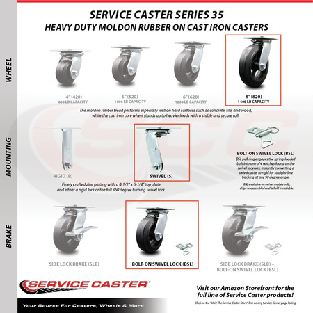 Service Caster 8 Inch Rubber on Steel Caster Set with Roller Bearings and Swivel Locks SCC SCC-35S820-RSR-BSL-4